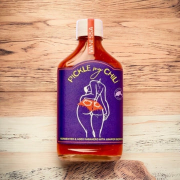 Vanessa: Habanero Peppers with Juniper Berries Hot Sauce (heat 7/10)