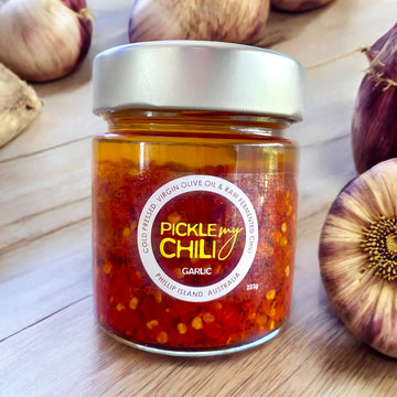 Cold-pressed Extra Virgin Olive Chili Oil w/ Fermented Chili & Garlic heat 5/10