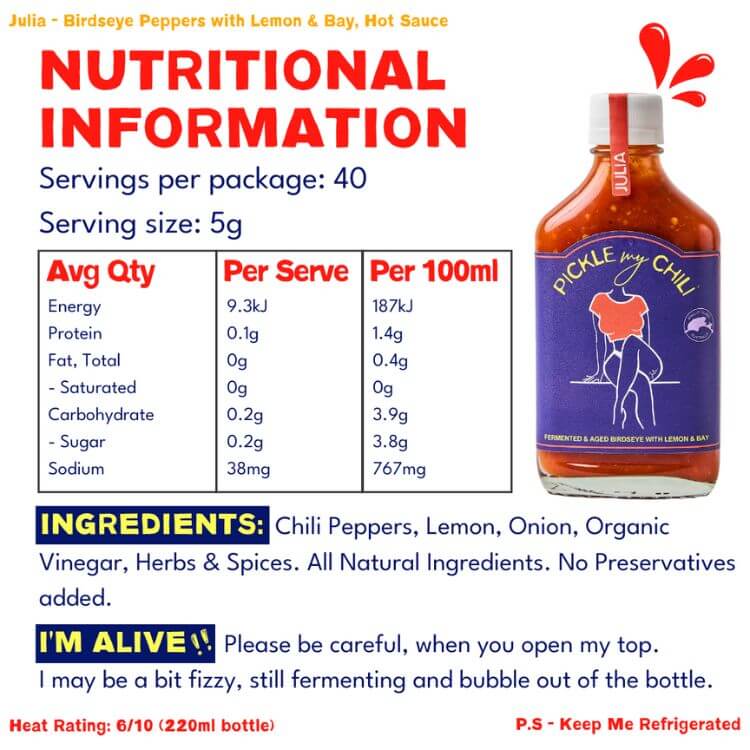 Julia Birdseye Peppers with Lemon & Bay Hot Sauce  Usage Chart by Pickle My Chili